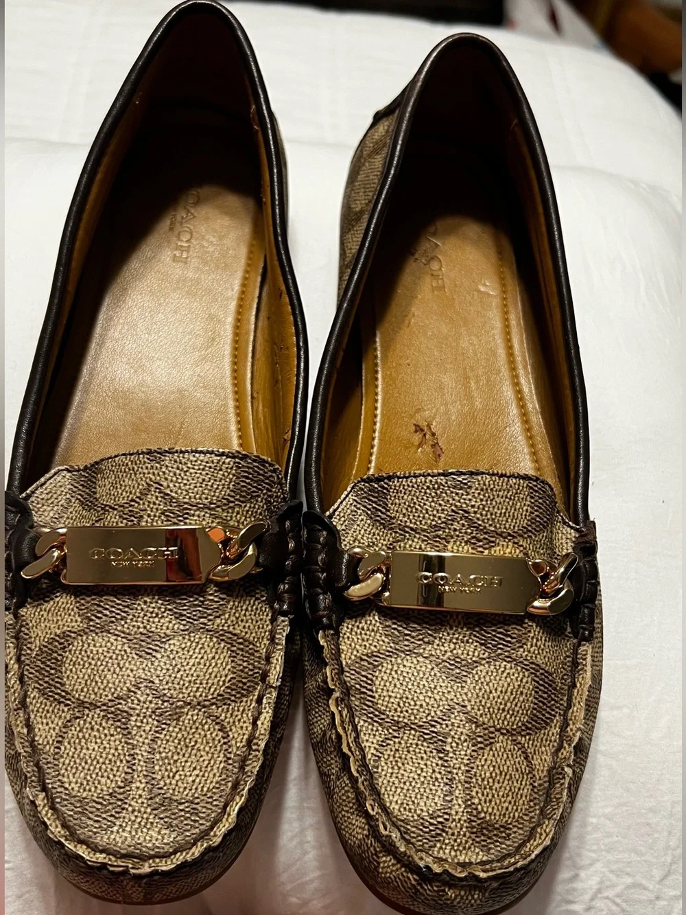 Coach Olive Tan Brown Loafers with Signature Monogram & Gold Chain | Women’s 9